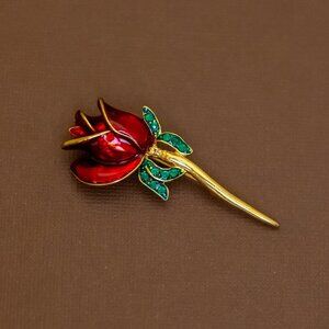 Vintage Red Rose Green Leaves Gold Tone Floral Brooch - U28